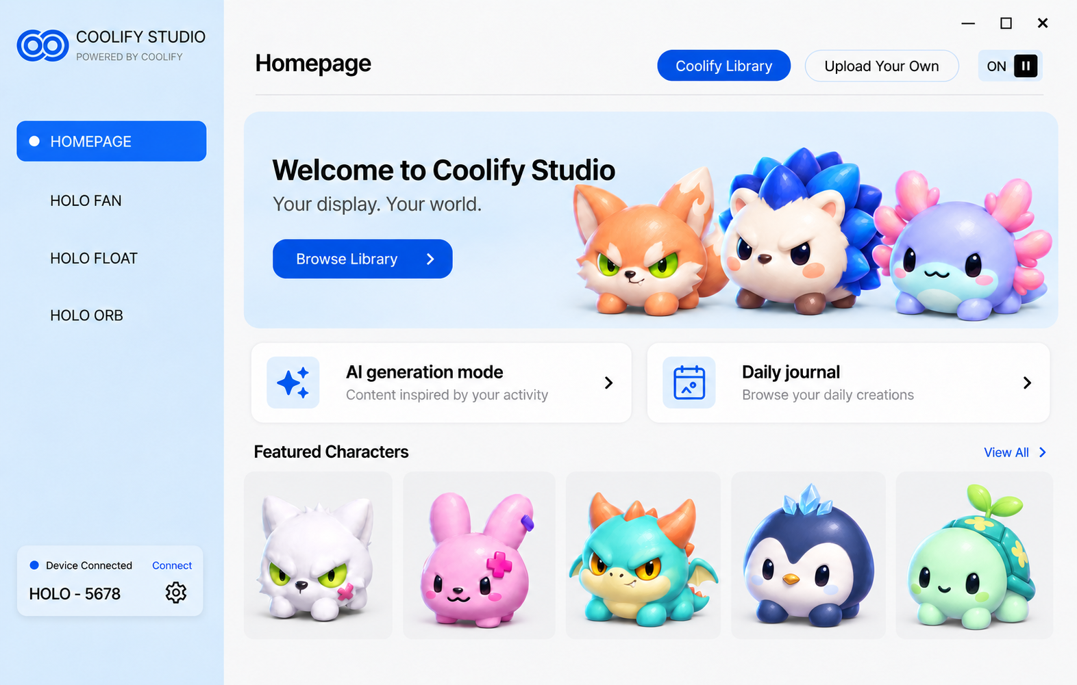Coolify Studio homepage showing featured characters