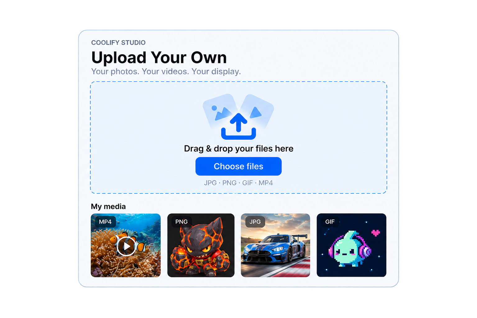 Upload Your Own screen in Coolify Studio