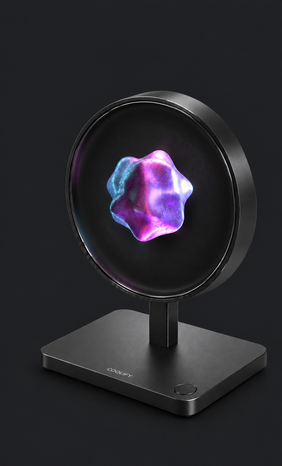 HOLO ORB 斜角照，圓形螢幕顯示紫藍色全息立體物件