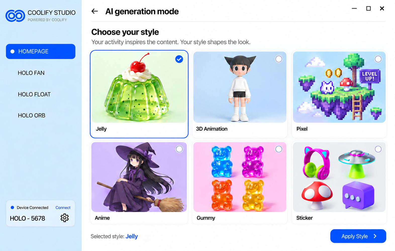 AI generation mode style picker in Coolify Studio