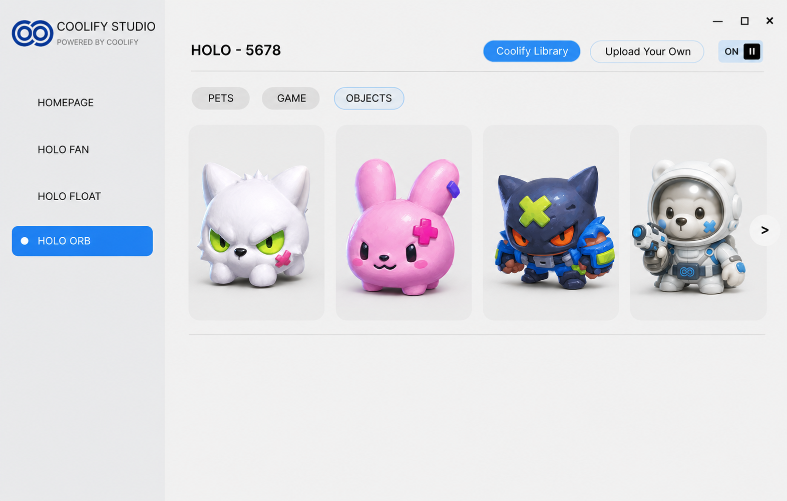 Coolify Studio 軟體介面：左側裝置清單，右側 Coolify Library 的角色素材庫