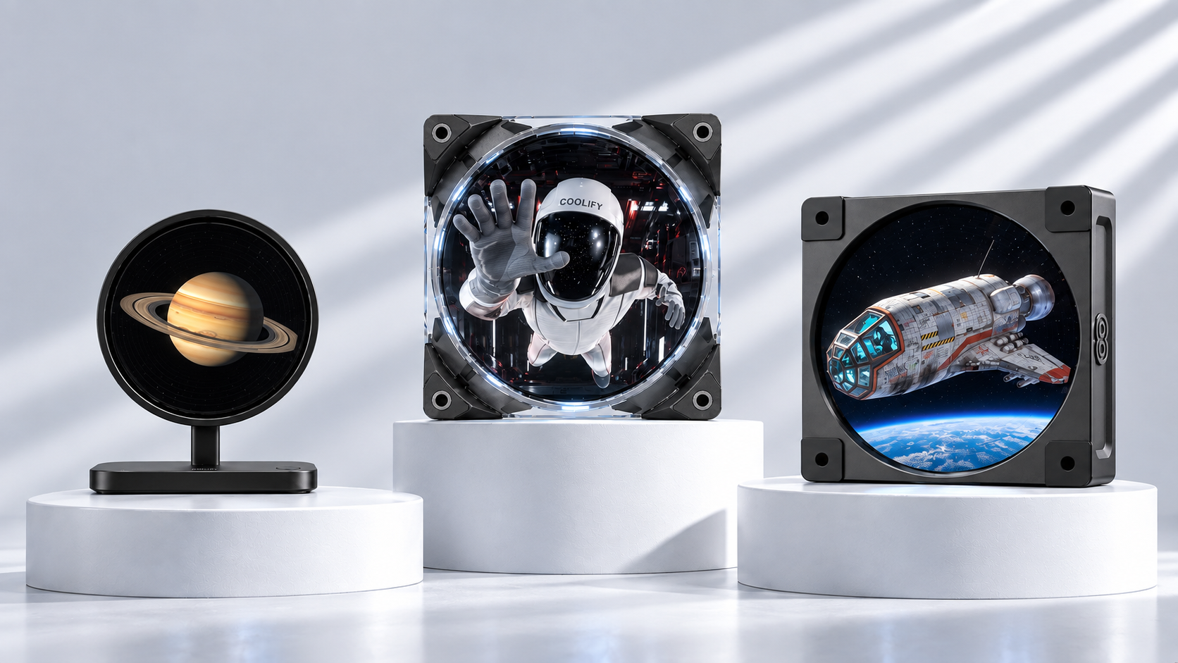 Three COOLIFY Holo Fan units displaying holographic imagery
