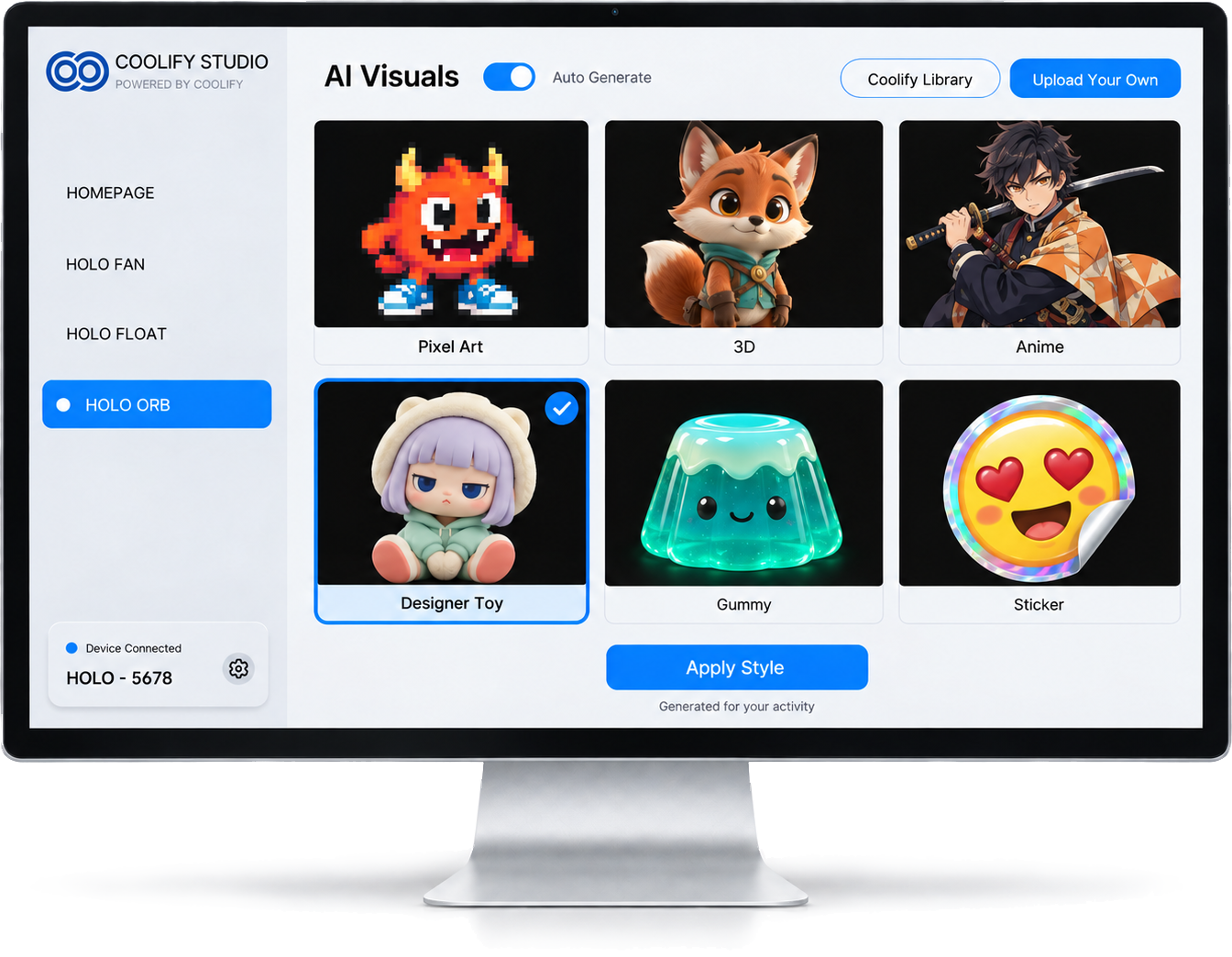Coolify Studio AI Visuals interface showing style options