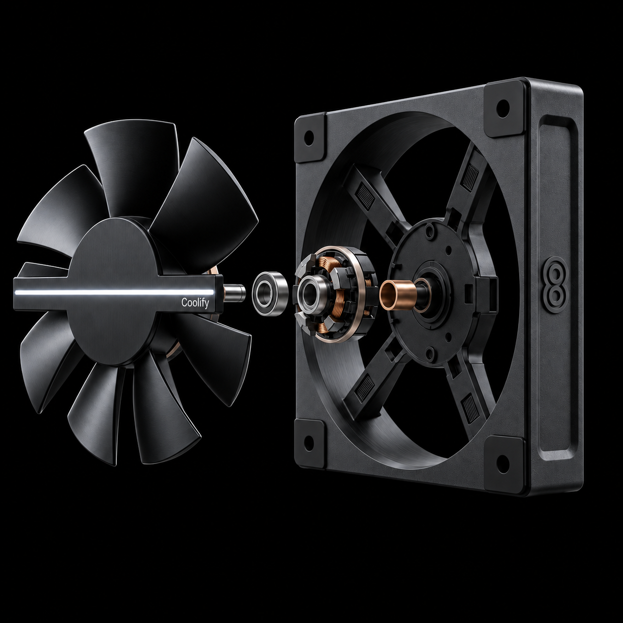 Holo Fan 2 exploded view showing the matte black blades and bearing assembly